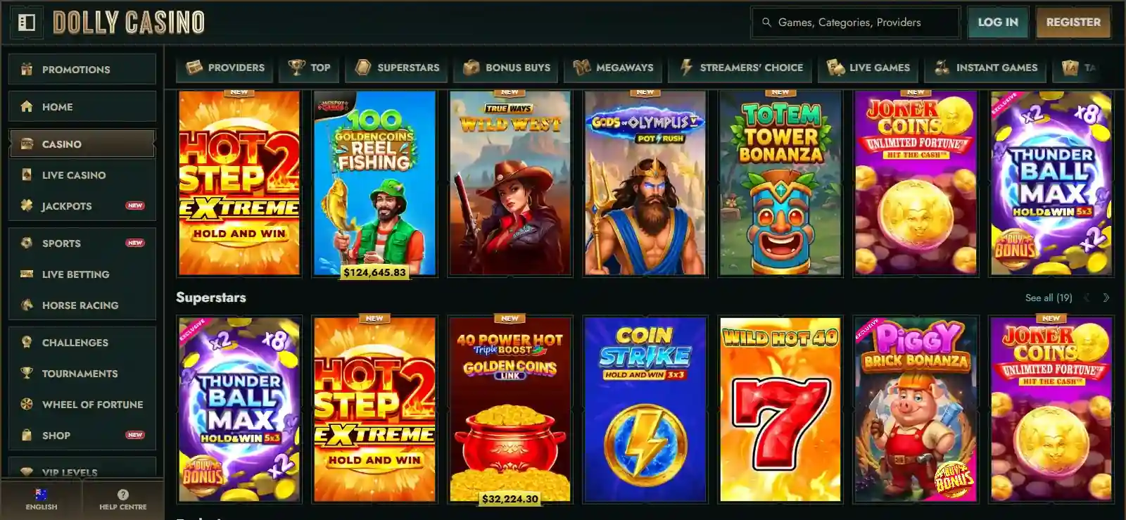 Current Dolly Casino Australia games catalogue with categories visible