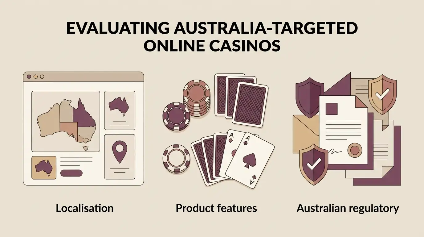 Editorial illustration comparing Australian localisation, casino features and regulatory checks