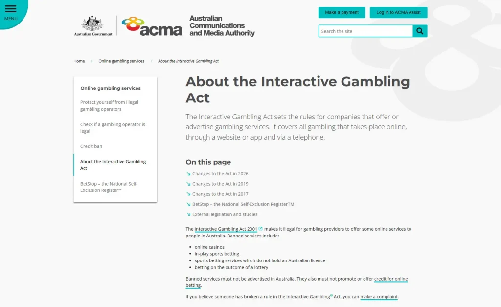 ACMA Interactive Gambling Act page listing online casinos among banned services