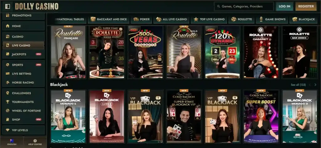 Current Dolly Casino Australia live casino categories and game grid