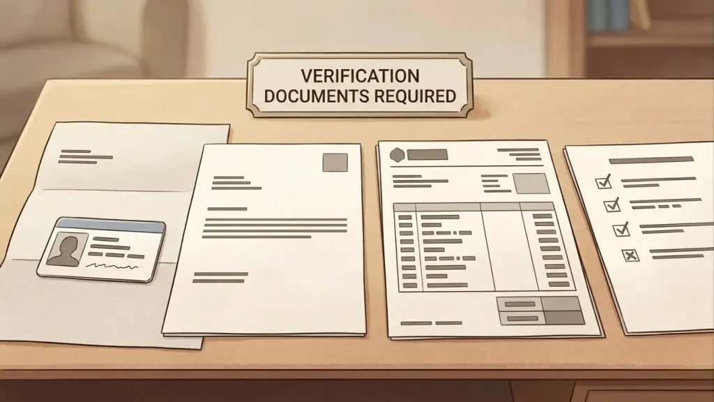Neutral checklist illustration for Dolly Casino identity, address and payment verification