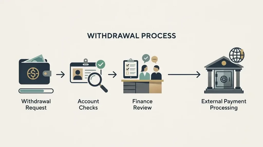 Neutral diagram showing the stages of a Dolly Casino withdrawal request